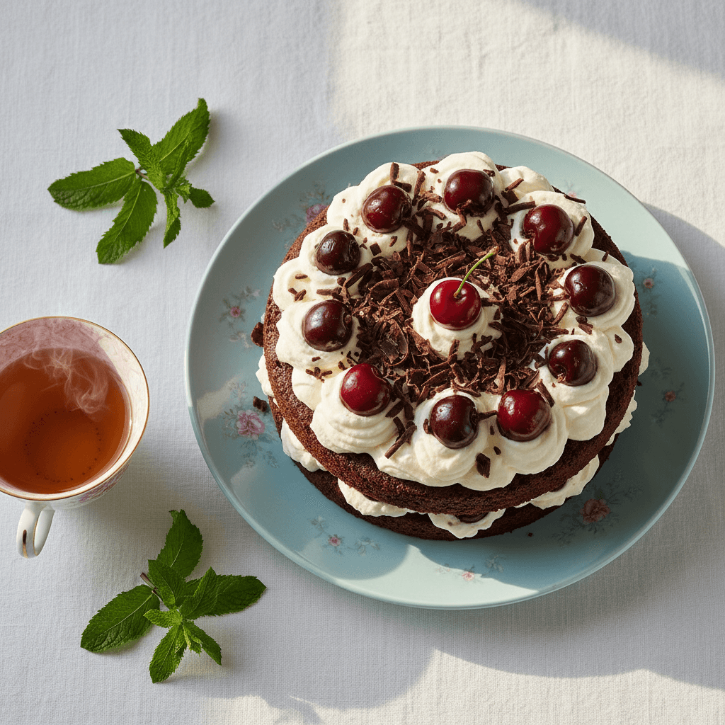Traditional Black Forest torte with chocolate and cherries