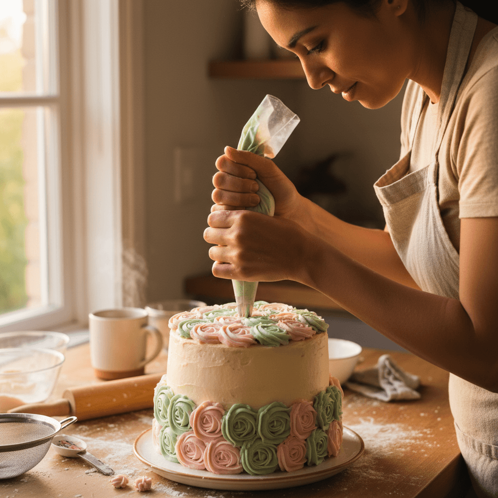 Baker decorating cake with piped rosettes in pastel colors