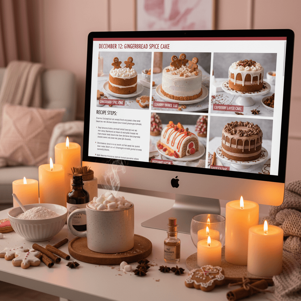 Advent calendar e-book open on computer with holiday baking recipes and cozy hot chocolate nearby