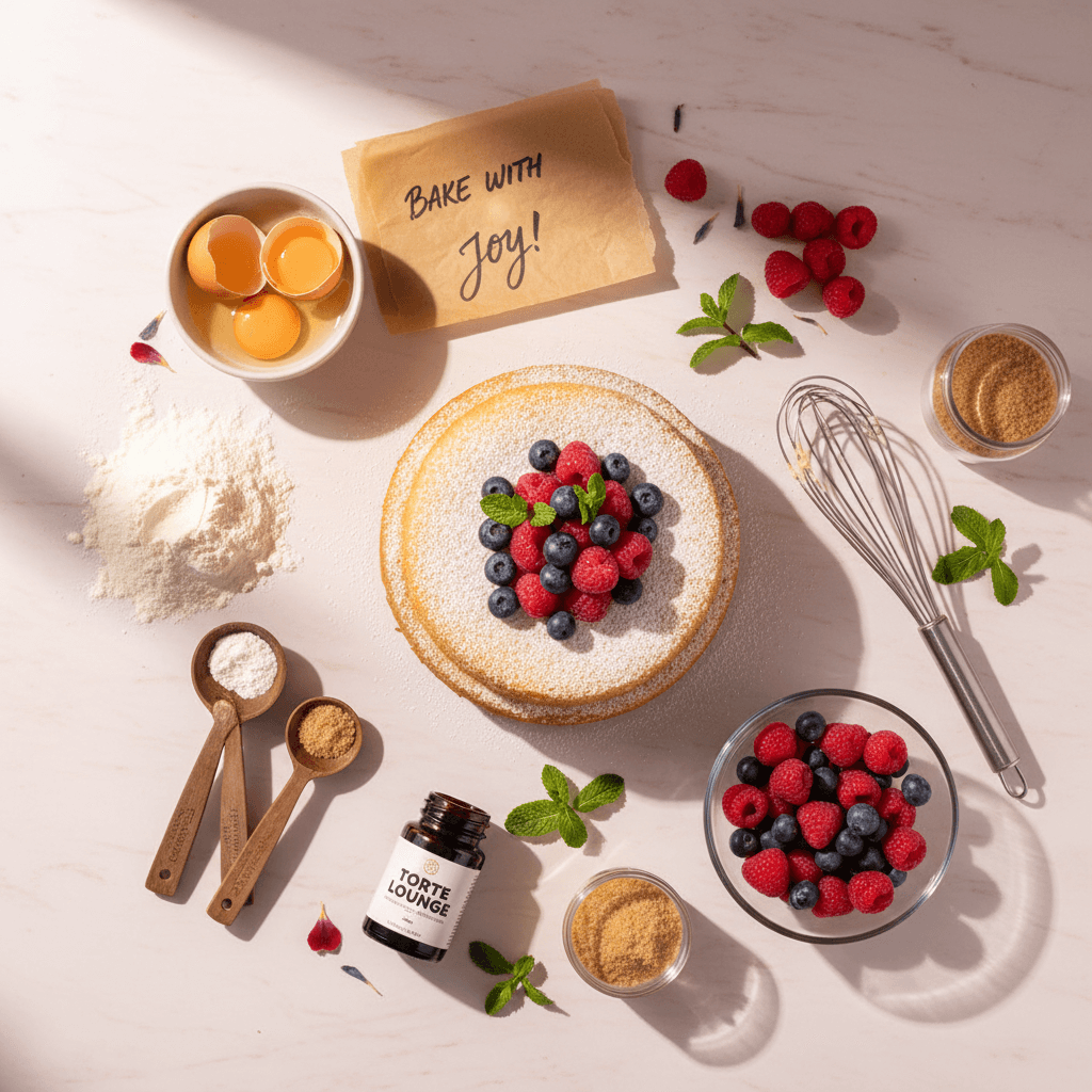 Baking ingredients and tools arranged around finished cake