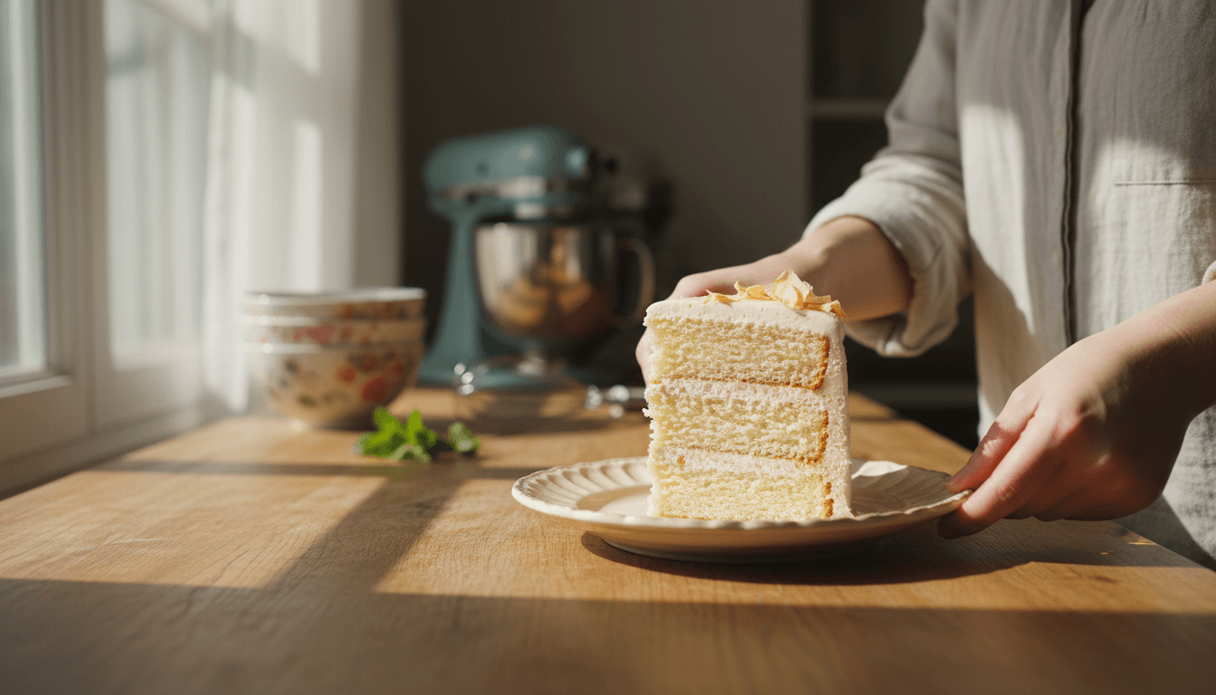 Hands placing a beautiful homemade cake slice on a plate in a bright kitchen
