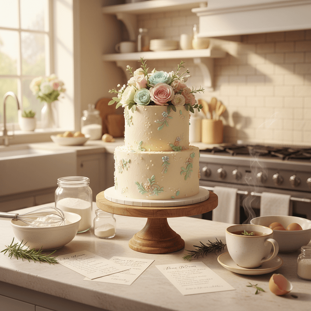 Completed decorated cake on wooden stand in bright kitchen