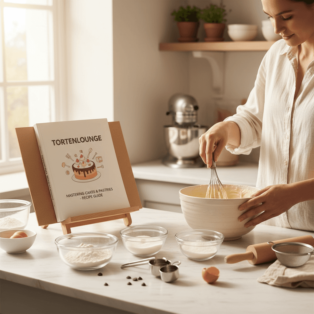 Baker using a printed tortenlounge e-book recipe guide while preparing cake ingredients in a bright kitchen