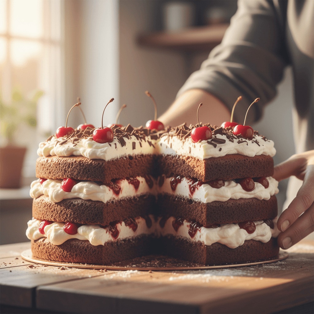 Baker holding a freshly baked layered torten with precision and care