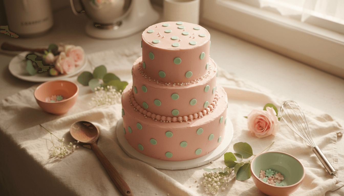 Beautifully decorated three-tier pink polka dot cake with fresh flowers, surrounded by baking tools on a soft pastel background