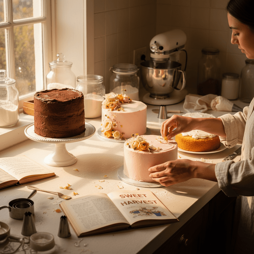 Multiple cakes in progress on kitchen counter during golden hour