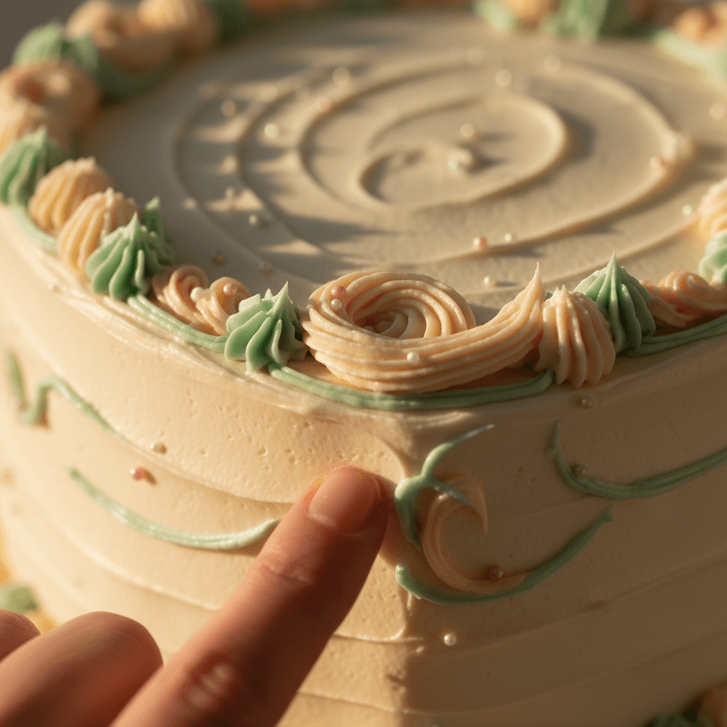 A soft, artisanal aesthetic close-up of delicate cake frosting detail with pastel piping work in mint green and pale peach.