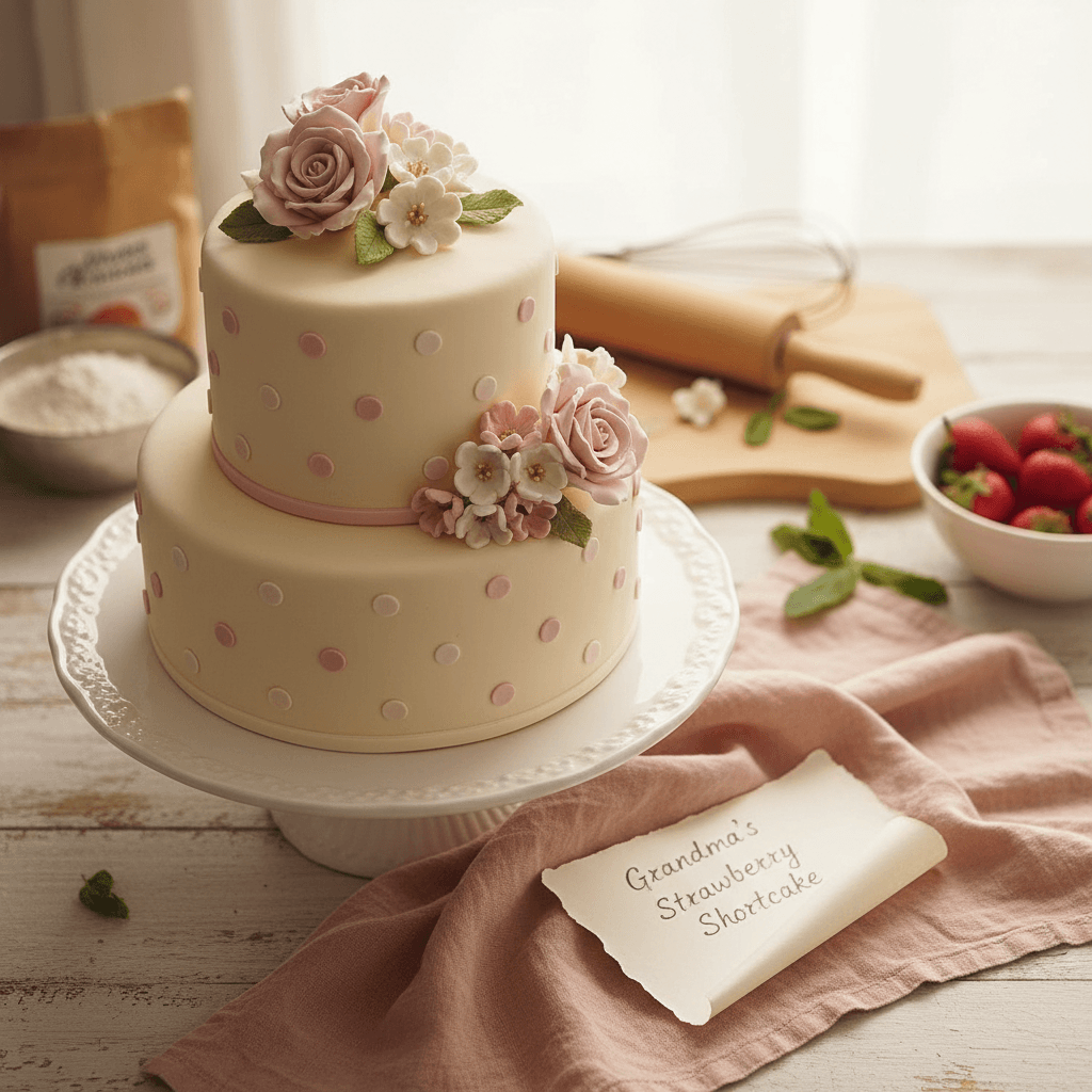 Three-tier pink polka dot cake with sugar flowers on vintage stand
