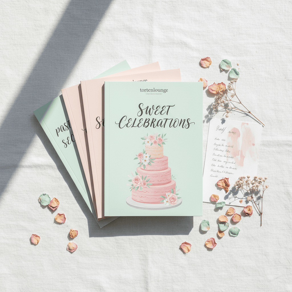 Collection of tortenlounge e-book covers arranged in a flat lay with pastels and dried flowers