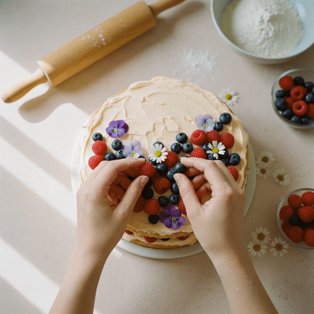 Hands decorating a traditional torte with fresh berries and flowers