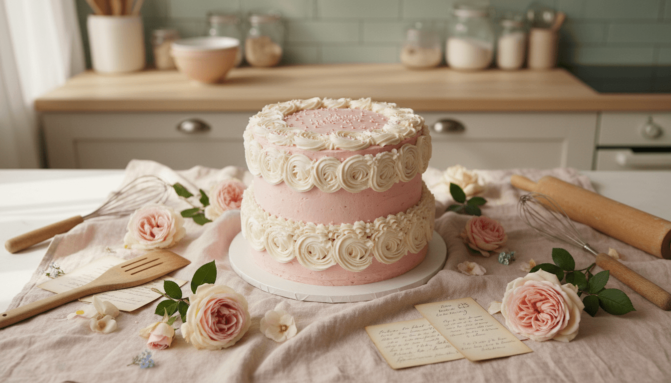 A beautifully decorated three-tier pink cake with fresh flowers on a light tablecloth, surrounded by baking ingredients and recipe cards in soft natural light