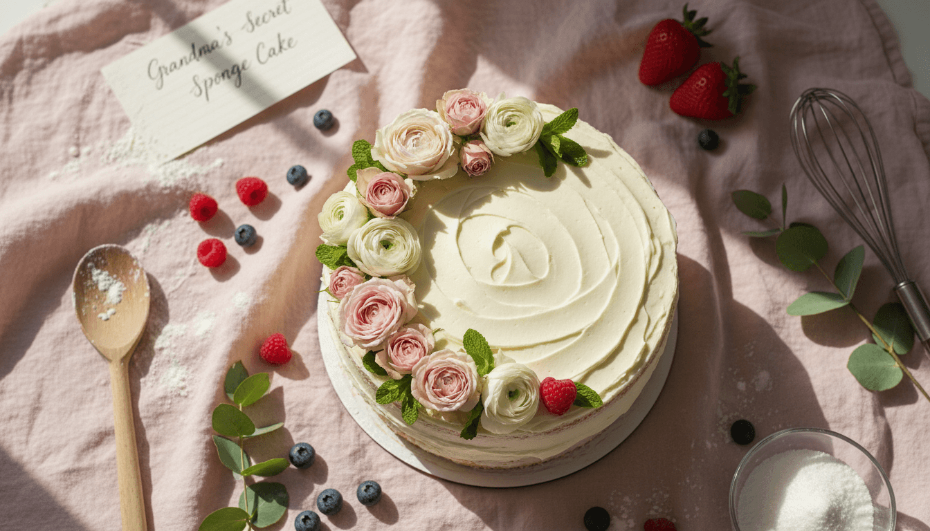 A beautifully decorated homemade cake with fresh flowers and piping, displayed on soft pink linen with natural window light