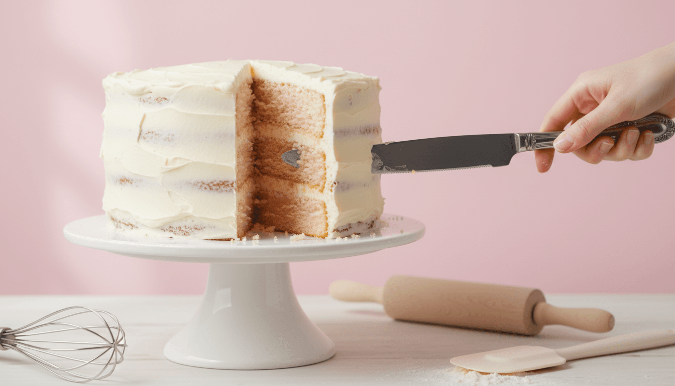 A beautiful photo of a cake being sliced, with a light pink background and a few baking utensils in the foreground.
