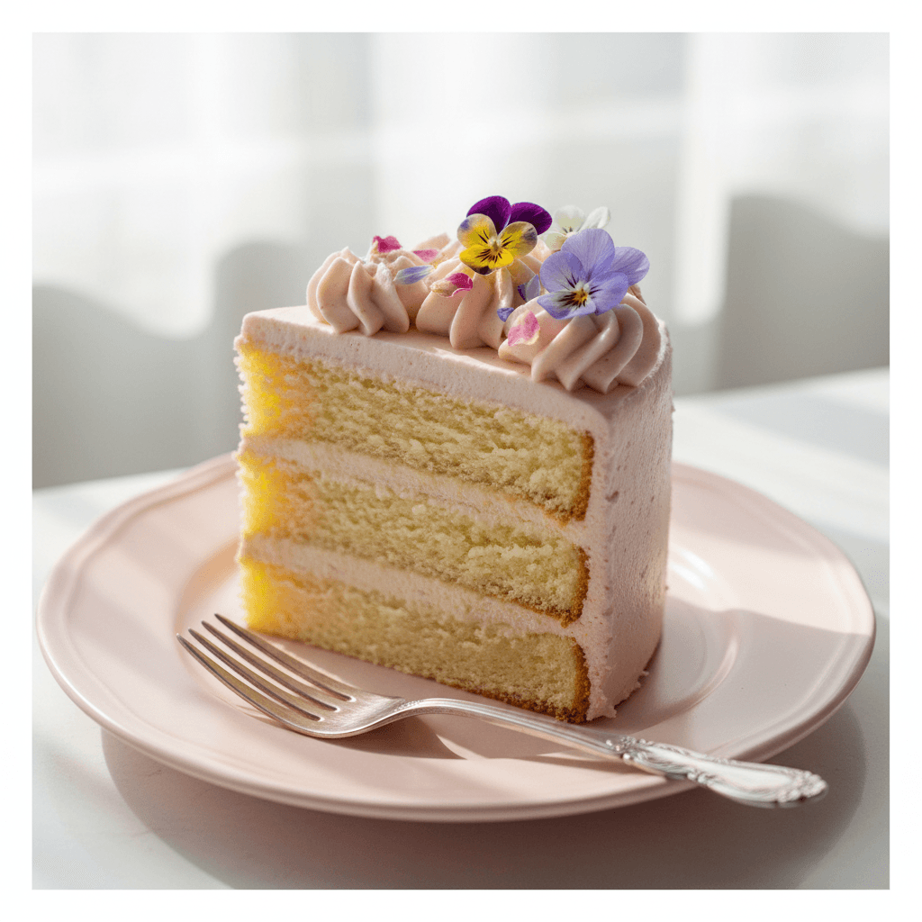 Vanilla layer cake slice with buttercream and edible flowers