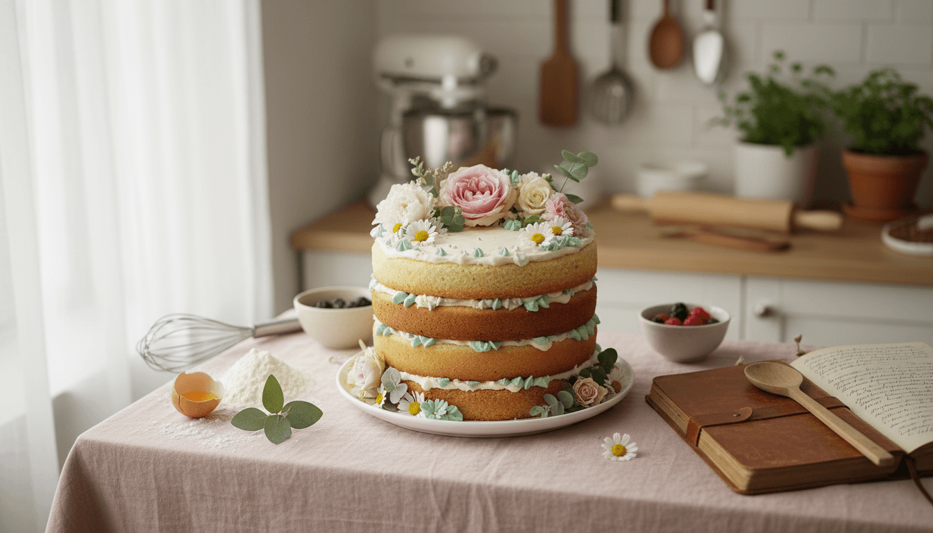 Freshly baked layered cake on a soft pink tablecloth with baking ingredients and recipe journal nearby