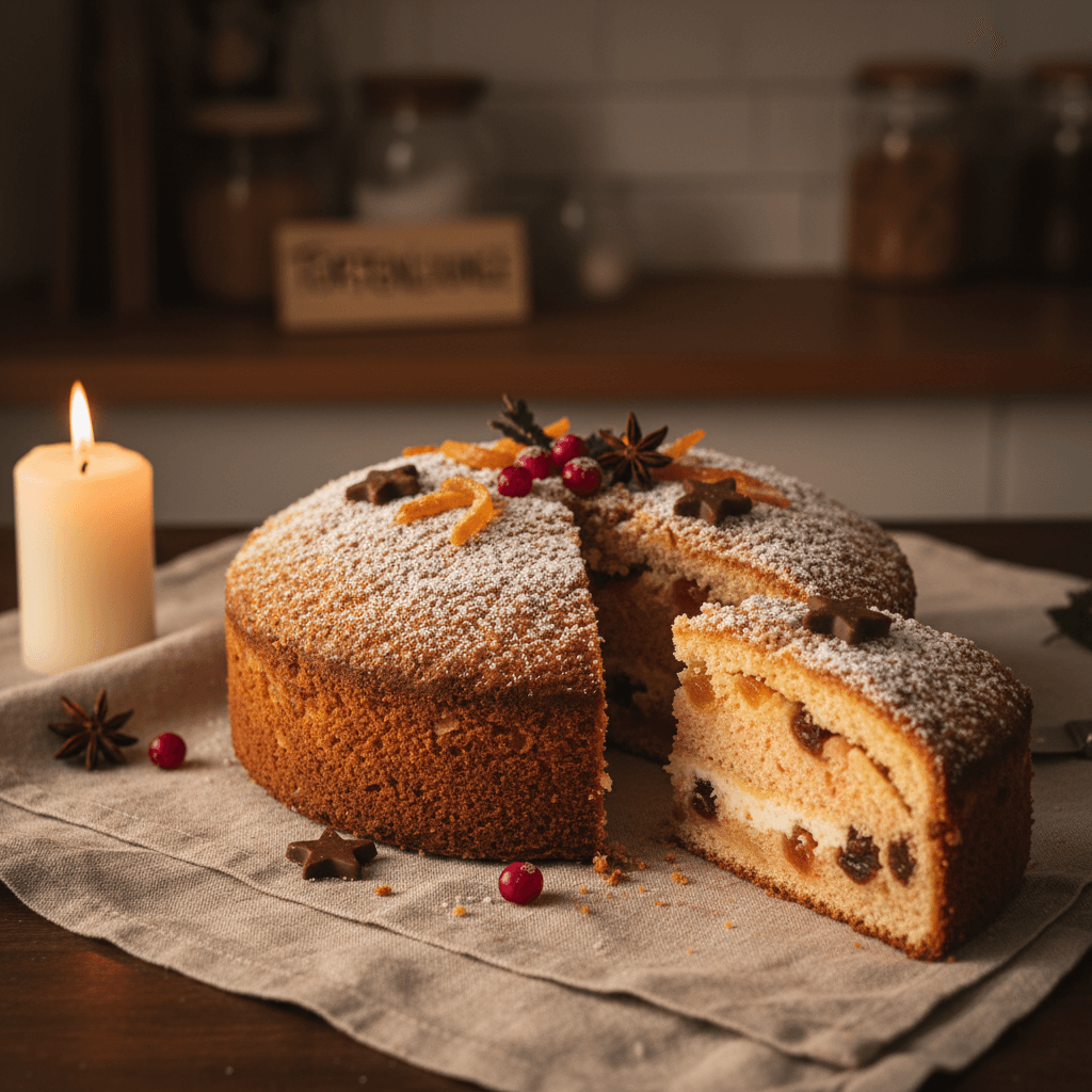 Seasonal cake with slice displayed in warm candlelit setting