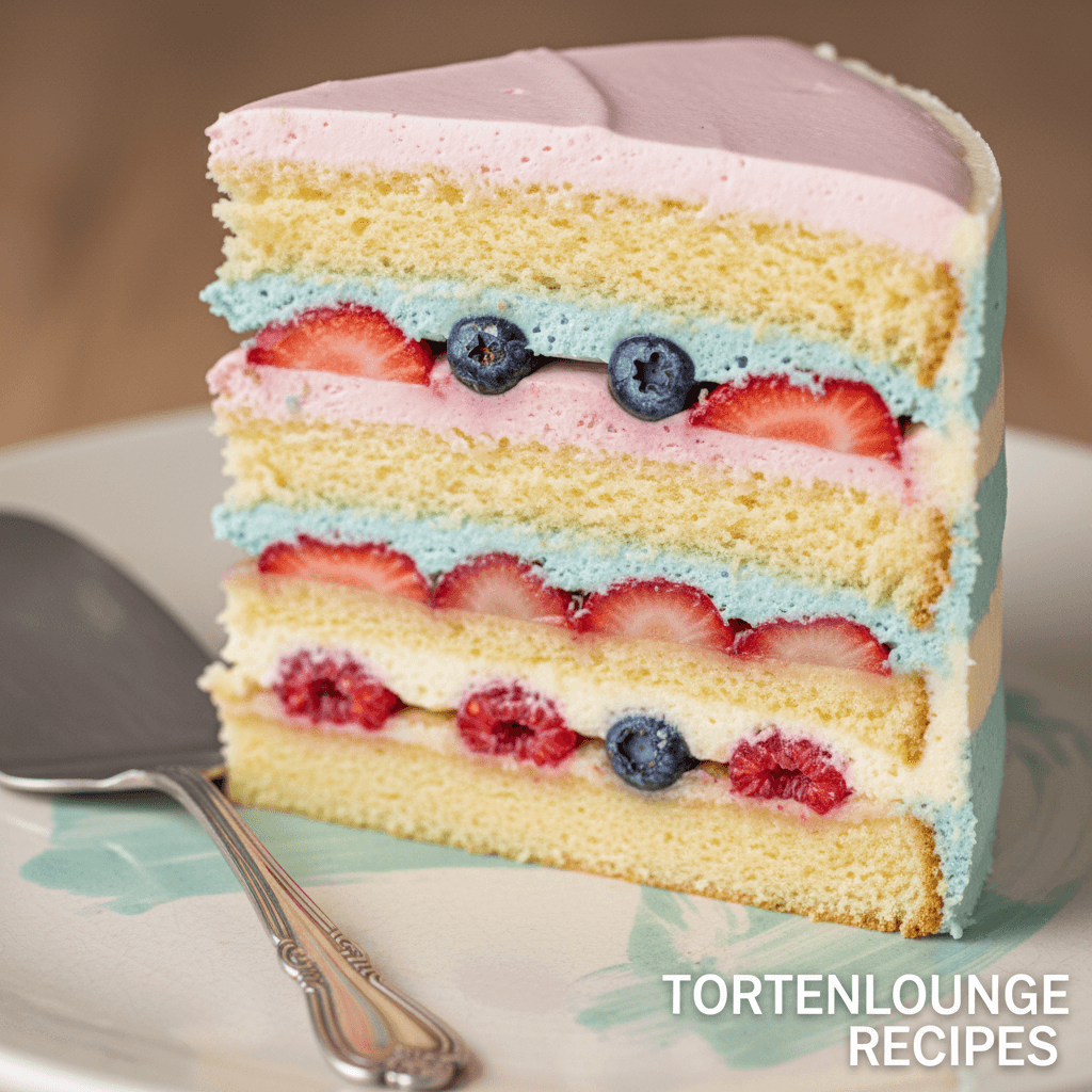 Cross-section of layered cake showing frosting and filling layers