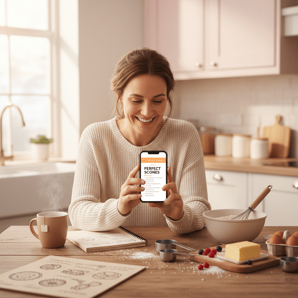 Woman reading a baking e-book on her phone at a kitchen table surrounded by ingredients