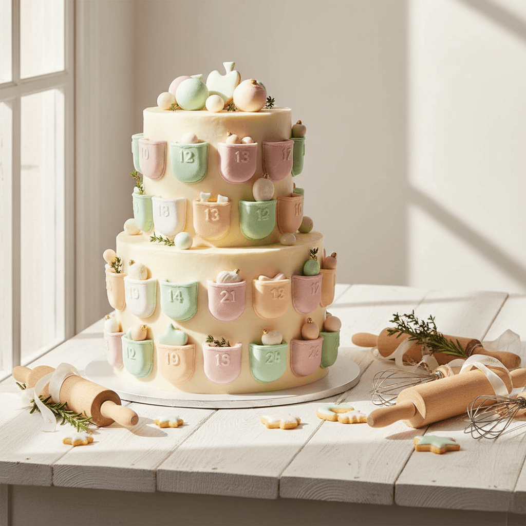 Advent calendar cake with 24 decorative elements in pastel colors