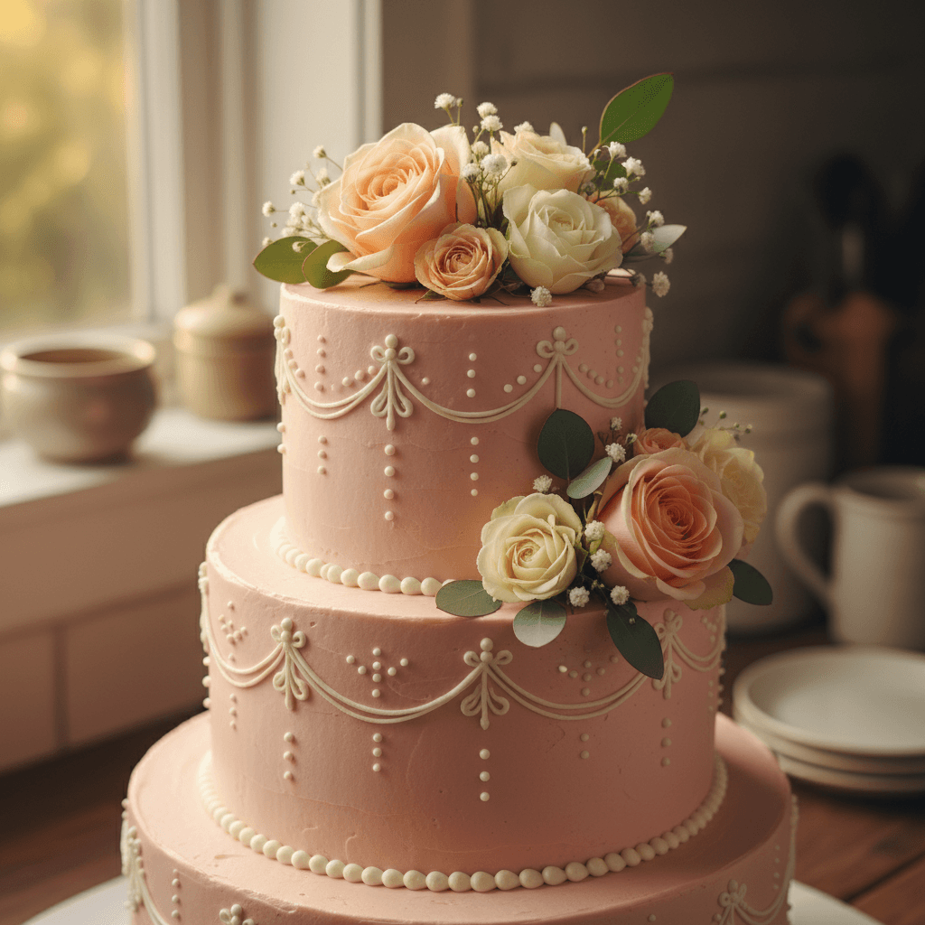 Three-tier pink frosted layer cake with fresh flowers