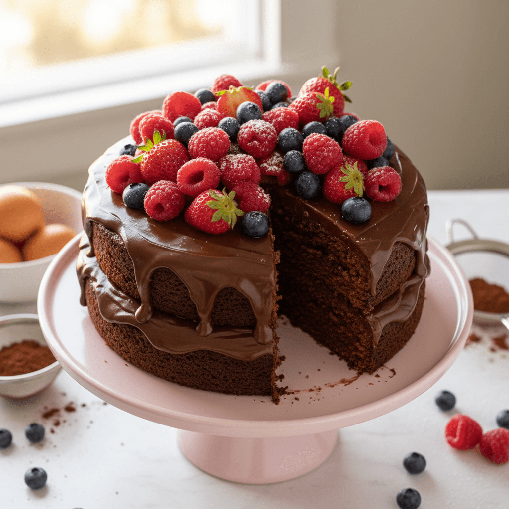 Three-tier chocolate torte with fresh berries on pink cake stand