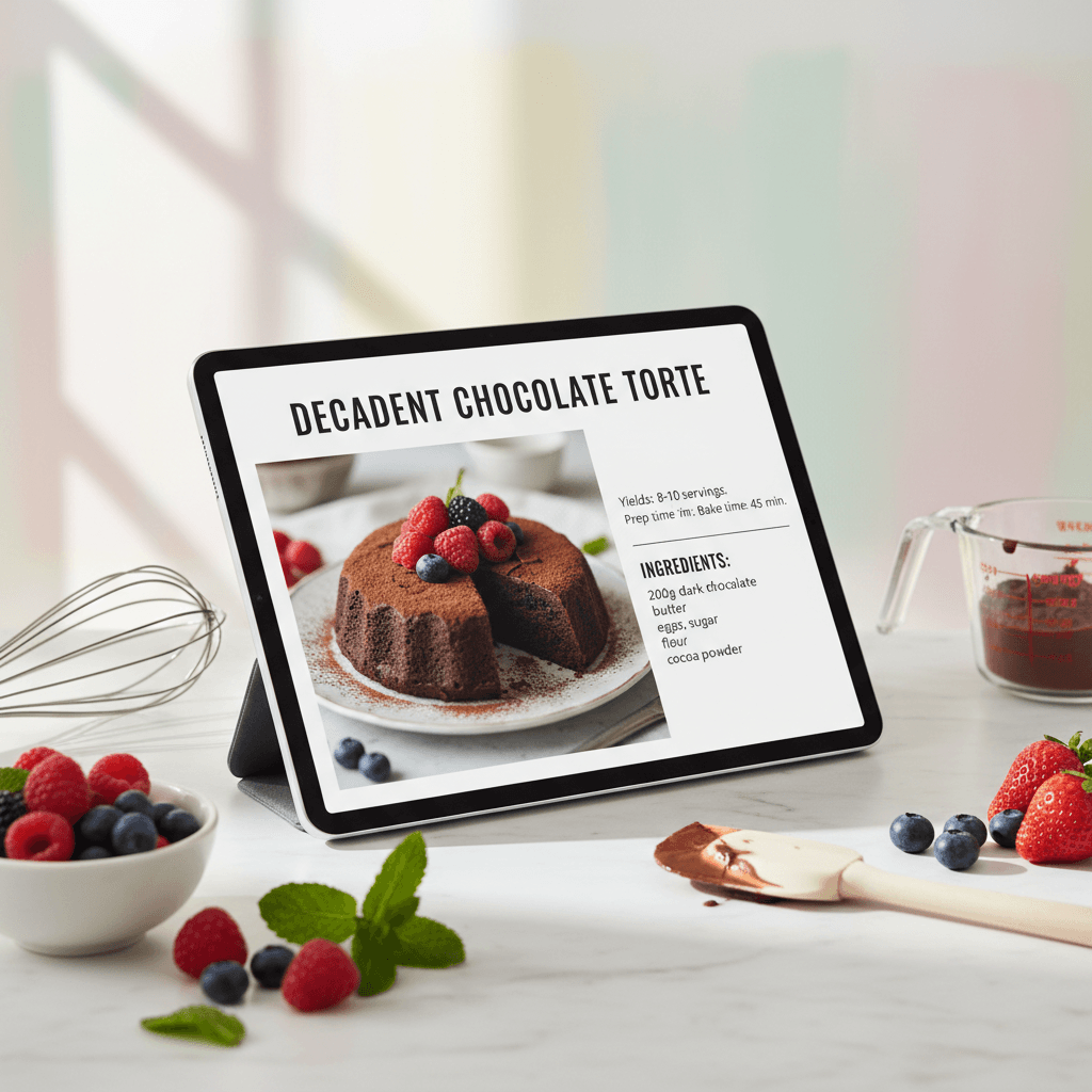 Digital e-book on tablet showing chocolate torte recipe with beautiful cake photography