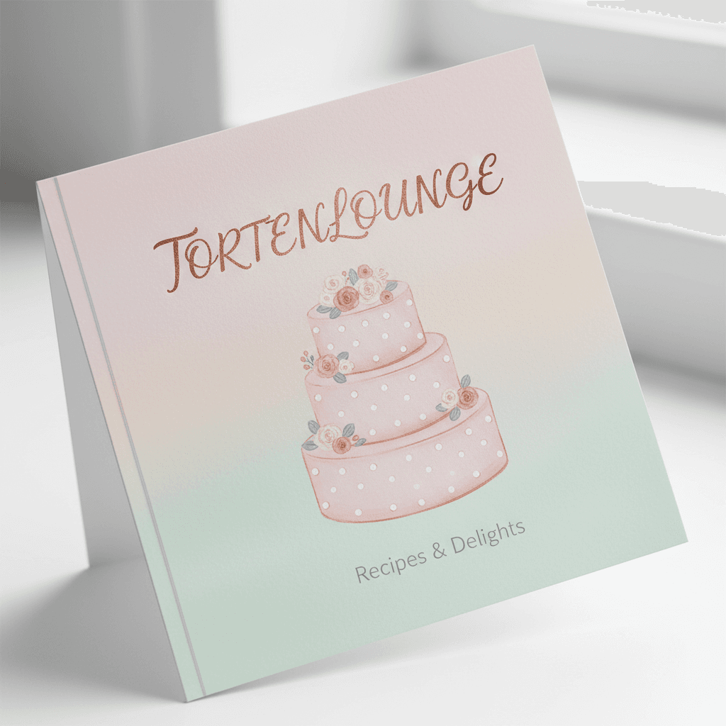 Close-up of tortenlounge e-book cover with elegant cursive logo and polka dot cake illustration