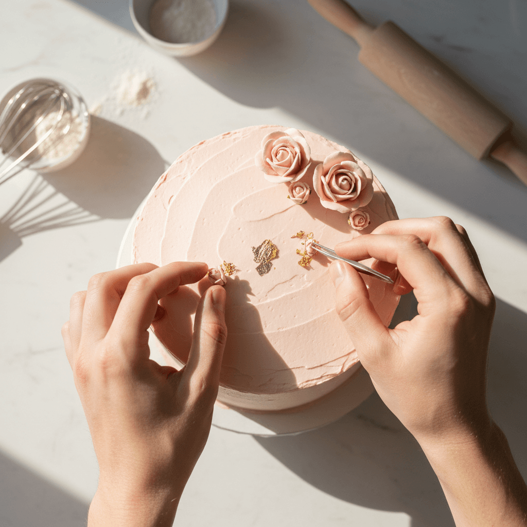 Hands decorating a pink frosted cake with delicate sugar flowers